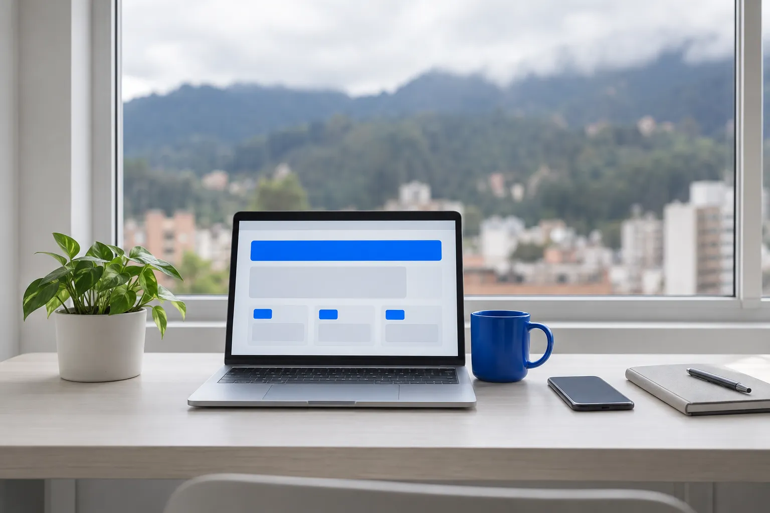 Escritorio junto a una ventana con vista a los cerros de Bogotá: un portátil, un teléfono, una libreta y una taza azul