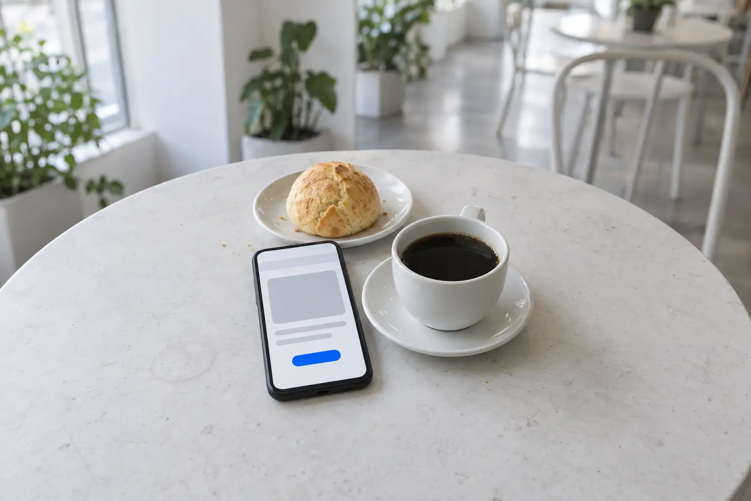 Un teléfono sobre la mesa de un café, junto a un tinto y un pandebono, con un sitio web sencillo en pantalla